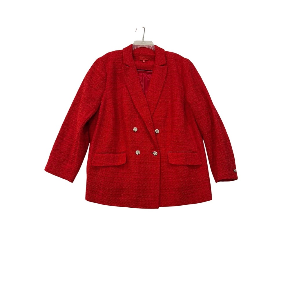 Talbots Red Tweed Double Breasted Blazer Rhinestone Flower Buttons 22W Plus Size